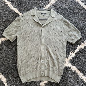 Reiss Royce Olive Green Short-Sleeve Open-Knit Button-Up Shirt